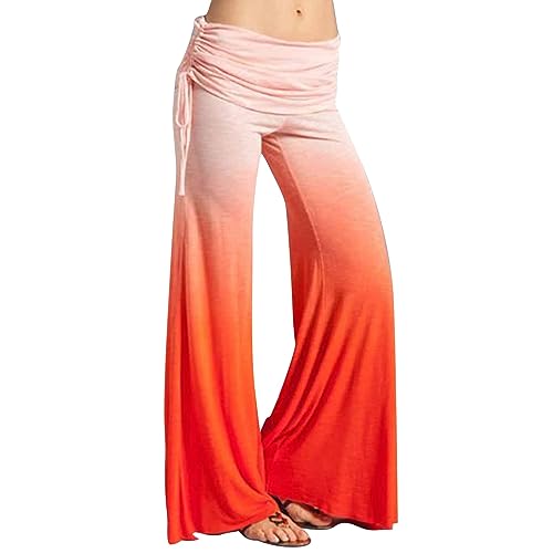Ladies Fashion Gradient Print Palazzo Pants Loose Lace Casual Wide Leg Trousers Stretch Pants for Women (Orange, M)