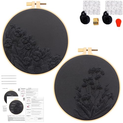 Image of Armindou Black Flowers Embroidery Kits for Beginners Adults, Floral Hand Embroidery Set Needlepoint DIY Kit, Stamped Cross Stitch Kits for Beginners Adult, 2 Embroidery Hoops (Attached Video Tutorial)