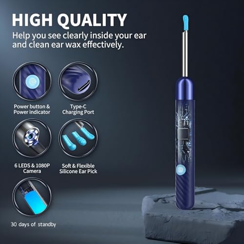 Image of Yorsfun Ear Wax Removal Tool Camera - Ear Cleaner with Camera,1080P Otoscope, Ear Cleaning Tool with 6 Ear Spoon, Ear Camera for iPhone & Android Phones - Blue