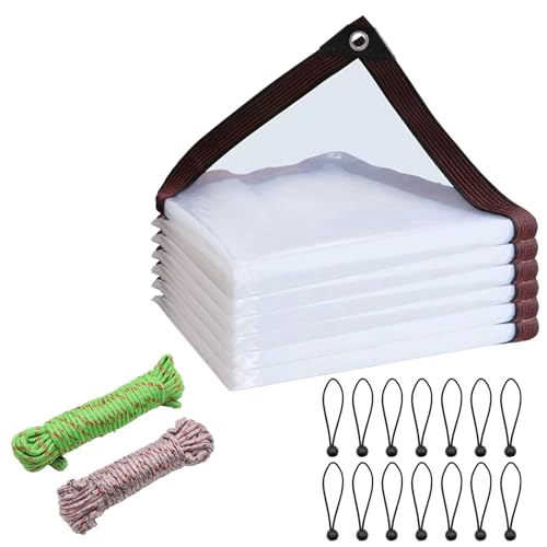 3m x 4m Clear Tarpaulin Waterproof Heavy Duty with Eyelets and 10M Rope, Thicken Tarp Cover, Outdoor Transparent Cover for Garden Patio Lawn Plants Greenhouse Chicken Rabbit Hutch