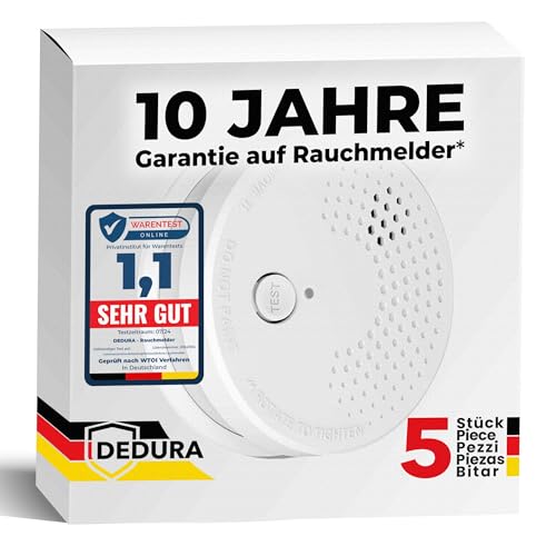 Rauchmelder 5er Set mit 10 Jahre Garantie BSI Zertifiziert nach DIN EN14604 inkl. 9V Batterie Rauchwarnmelder Brandmelder Feuermelder