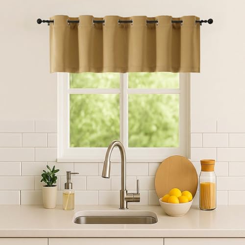 Image of Simplebrand Gold Kitchen Valances for Windows 18 Inches Long 2 Pack, Room Darkening Window Valances for Living Room, Grommet Short Straight Drape Kitchen Curtains for Bedroom Kids Room, 40Wx18L