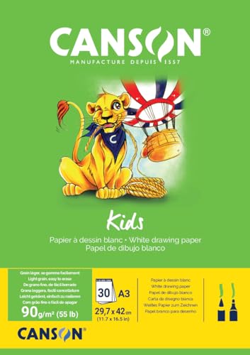 Canson Kids, Papel de dibujo blanco, Grando ligero, 90gsm, Encolados por el lado corto, A3-29,7x42cm, Blanco, 30 Hojas