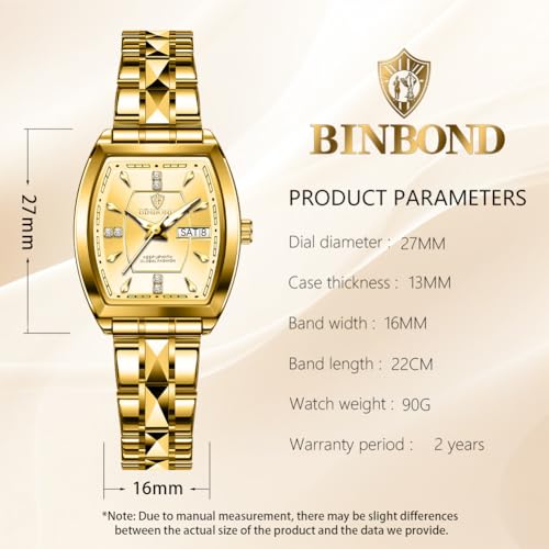 Image of BINBOND Square Watches for Women Analog Quartz Day Date Ladies Wrist Watch Diamond Stylish Stainless Steel Dress Womens Watch Elegant Luminous Waterproof