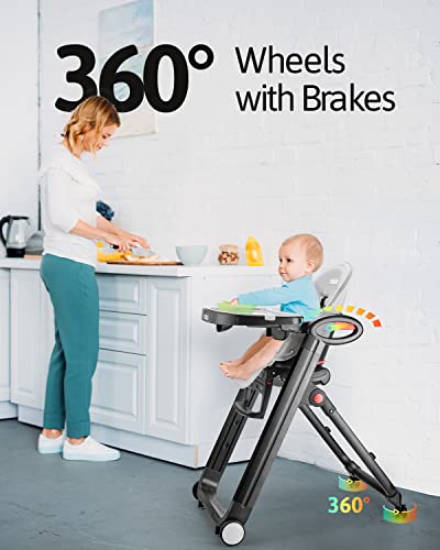 Heao 4-In-1 High Chair For Babies & Toddlers, Foldable Highchair With 7 Different Heights,5 Reclining Seat Position And 3-Setting Footrest, Detachable Trays & Seat Cushion, 4 Wheels With Locks #TOP3