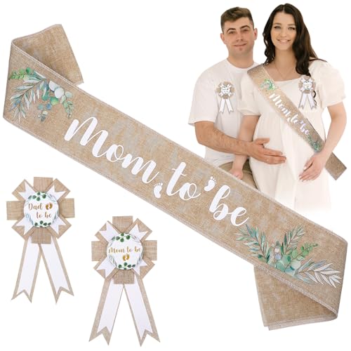 Mommy to Be Schärpe Baby Shower Party Set mit Mom to Be Daddy to Be Abzeichen Babyparty Deko Leinen Schärpen Sackleinengürtel für Werdende Mütter Schwangere Geschenk Party Dekoration