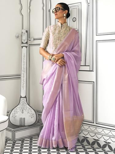 Image of MADHUHANSH Women's Cotton Linen Saree with Unstitched Blouse Piece and Solid Pattern | Mithila Painting Saree | Saree for Haldi Ceremony