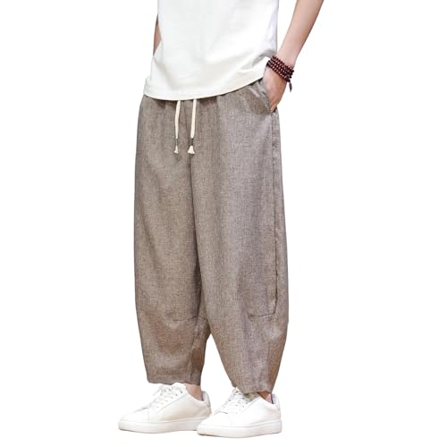 Tripleberly Harem Pants Men Loose Fit Casual Beach Pants with Pockets Drawstring Elastic Waist Summer Cropped Trousers4