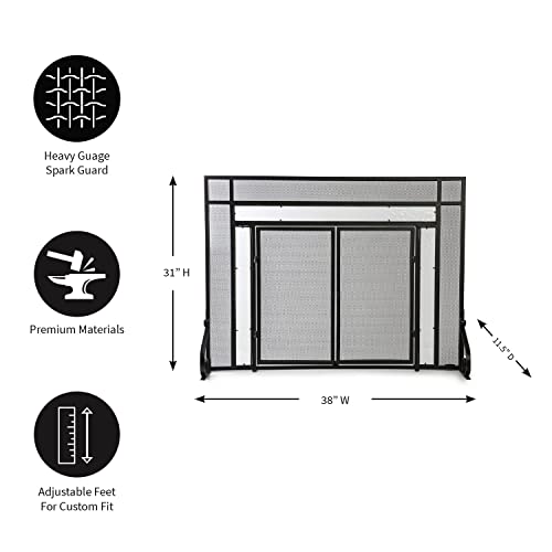 Plow & Hearth Metal Fireplace Screen Glass Flatguard Black | 38" W X 31" H | 2 - Door | Spark Guard Indoor Grate | Iron Fire Place Cover | Wood Burning Stove Decorative Accessories #TOP6