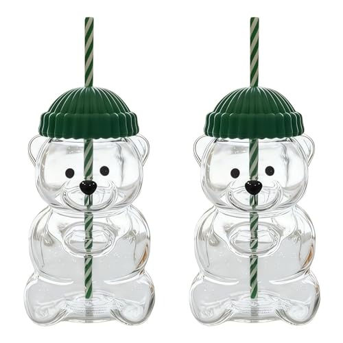 Genérico Taza con Pajita de Oso 2025,Taza de Paja de Oso, Cristalería Transparente,con Tapa y Pajita,para Café, Batidos, Cócteles de Cerveza, Vasos Apto para Microondas para Bar en Casa