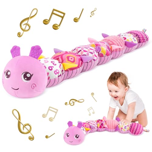 Image of TURKIDS Infant Baby Musical Stuffed Animal Activity Soft Toys with Multi-Sensory Crinkle, Rattle and Textures for 0-3-6-12 Months Developmental Toys, Caterpillar, Purple