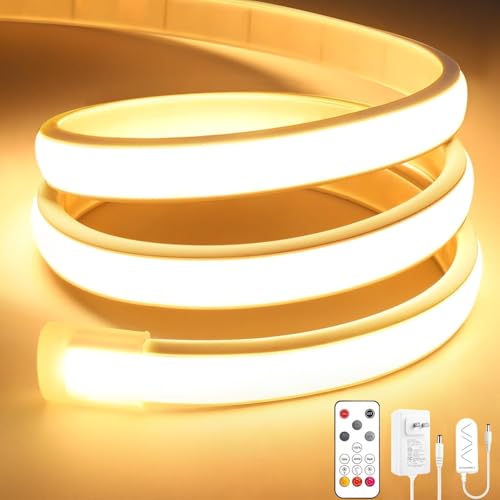 Image of Lamomo COB LED Strip Lights Pro, 9.84Ft Warm White Dimmable Self-Adhesive Led Rope Light with Remote, Flexible Cuttable Waterproof 3000K Silicone Neon Tape Lights for Bedroom, Indoor, Outdoor, Cabinet