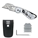 Folding Utility Knife Heavy Duty With Maintenance Tool, Holster Nylon Pouch, Belt Clip, Stainless Steel Box Cutter, Carry Case & Clip, Roofing Knife - One Year Manufacturer Warranty