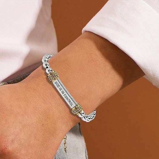 God Is In Control Dainty CZ Beaded Stretch Bracelet, Motivational Stainless Steel Engraving Tube Bracelets Inspirational Chain Crystal Energy Faith Jewelry for Women Men2