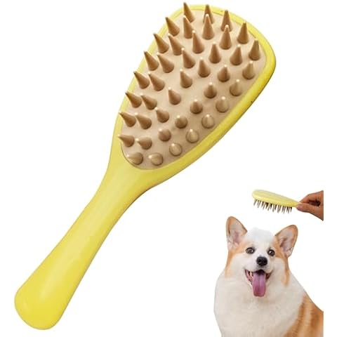 Mikzhskr Pet Silicone Shampoo Brush for Long Short Hair Dogs Cats Washing, Dog Washing Brush with Handle for Bathing, Massaging, Hair Removal, on Wet or Dry Hair (Yellow) Cover