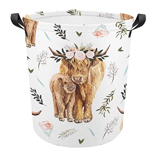Image of XIUXIN Pink Spring Highland Cow Floral Laundry Basket with Handle Fabric Hamper Laundry Storage Baskets Organizer Large Bins for Dirty Clothes Bathroom