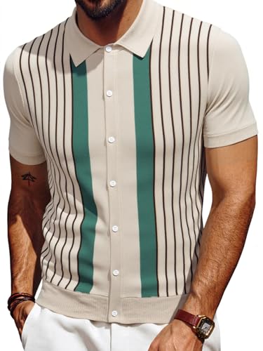 Les umes Men's Knit Polo Shirts Short Sleeve Button Down Shirts Striped Summer Beach Casual Shirt
