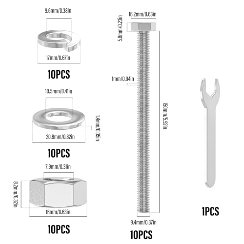 Image of 10PCS 3 /8-16 x 6 304 Stainless Steel Fully Threaded Bolt with Nut Flat & Lock Washers and Spanner