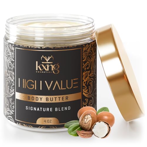 Image of KXNG Cosmetics Shea Body Butter Cream - 4oz | Organic Body Butter for Men & Women with Shea, Cocoa, Mango & Coconut Oil | Deep Moisturizing Cream for Hands, Feet & All Skin Types - High Value