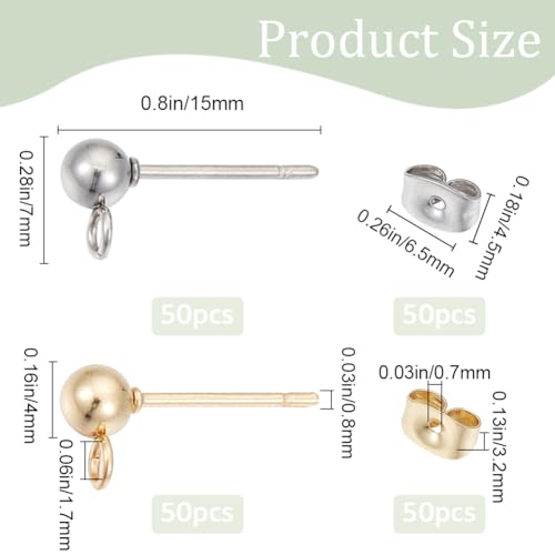 SOFPLATE 1 Box 200Pcs Ball Post Earring Studs Hypoallergenic Earring Posts Silver Stainless Steel Ear Stud with Butterfly Ear Back and Loop Connector Findings for Jewelry Making Supplies DIY