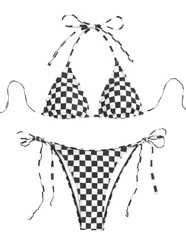Image of ZAFUL Womens Printed Triangle Bikinis 2 Piece Halter Bikini Sets High Cut Bathing Suit Side Tie Swimsuits