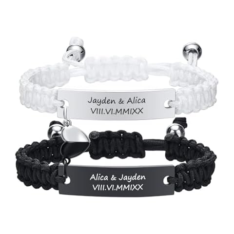 MEALGUET Personalized Couple Bracelets for Men Women : Handmade Custom Engraved Name Plate ID Bracelet Braided Rope His Hers Matching Bracelets for Him Her Bf gf,Valentines Day Gifts Love White Black Cover