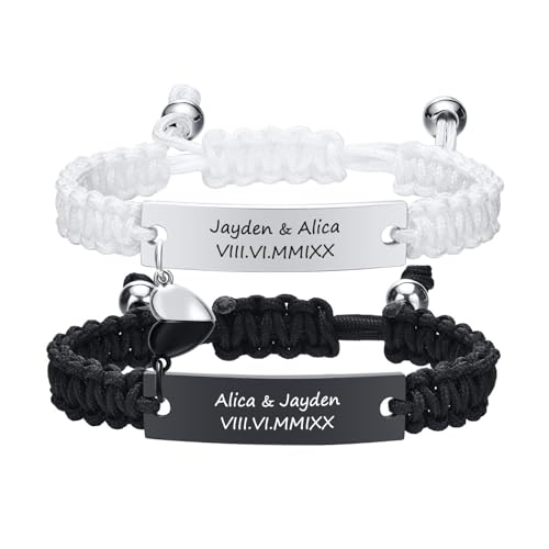 MEALGUET Personalized Couple Bracelets for Men Women : Handmade Custom Engraved Name Plate ID Bracelet Braided Rope His Hers Matching Bracelets for Him Her Bf gf,Valentines Day Gifts Love White Black