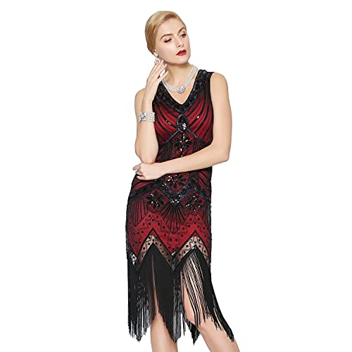 Metme Women s 1920s Flapper Dress V Neck Beaded Fringed Gatsby Theme Party Dress Wine