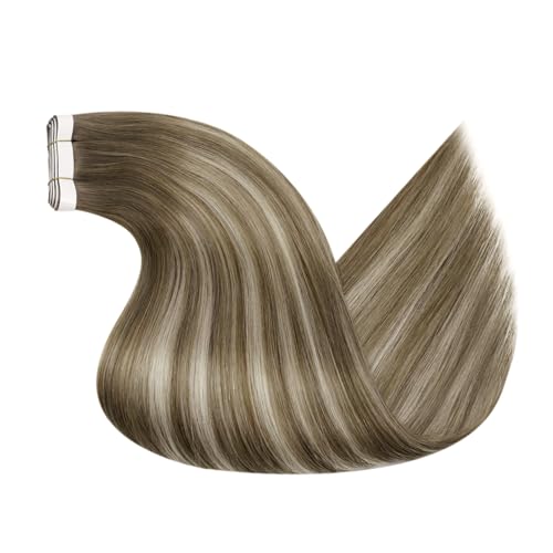 Image of LaaVoo Weft Tape Extensions Ombre Light Brown Tape in Weft Hair Extensions Human Hair 90G Genius Tape in Extensions Light Brown Fading to Platinum Blonde with Brown 16inch 4pcs