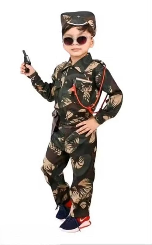 BOYS AND GIRLS PRINTED ARMY OR BSF DRESS WITH CAP WHISTEL ROPE GUN GUN COVER FOR FANCY DRESS COMPITITION OR REGULAR WEAR.||Army Dress-picture-47