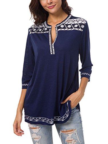 Women's Summer Tops Boho V-Neck Embroidery Short Sleeve Blouses for Women Fashion Navy Blue