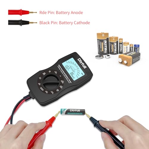 Dlyfull Universal Battery Tester with LCD Display, Small Digital Battery Voltage Resistance Checker for Ni-MH, Ni-CD, Li-ion, Alk & LiFe04 Batteries(AA AAA C D 9V 12V 18650 CR123A 2CR5 CR2032 Cells)