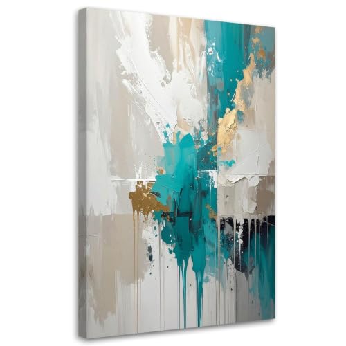 Peinture abstraite salon turquoise or beige décoration murale
