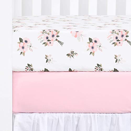 Image of TILLYOU Fitted Crib Sheets Girl 2 Pack - 100% Natural Cotton Toddler Bed Mattress Sheets, Standard 28”x 52” x 8”, Pink&Floral Flowers