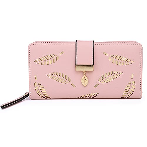 Mu Mianhua Ladies Purse Wallet, Leather Long Purse, Women Leather Wallet Purses Ladies Purse Clutch Holder Case Handbag with Cash/ID/Credit Card Holder Girls Coin Purses Hollow Leaf Zipper Wallet,