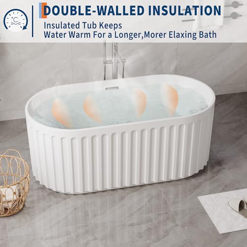 Image of GarveeLife Freestanding Bathtubs 59 inch Glossy White Acrylic Soaking Tub - Modern Striped Freestanding Bath Tub with Overflow, Pop-Up Drain & Hidden Drainage for Home Spa and Bathroom Upgrade