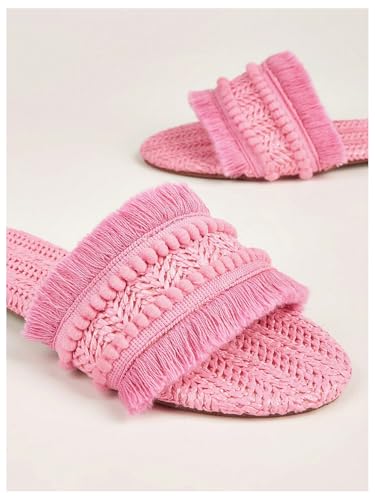 Image of OYOANGLE Women's Fringe Straw Sandals Crochet Open Toe Single Band Flat Slip On Sandals