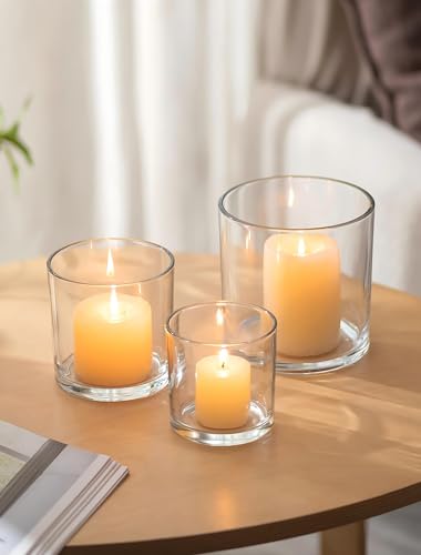 NUPTIO Hurricane Glass Candle Holders: Set of 3 Thick Glass Large Pillar Candle Holder - Clear Vases for Wedding Table Centerpieces Decor