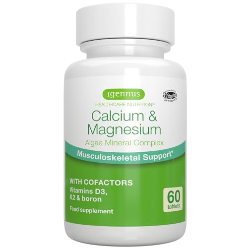 Igennus High Absorption Algae Calcium & Magnesium Supplement, Plus Vitamin D, K2 & Boron, Clean Label & Plant Based, Non-GMO Algae Mineral Complex for Bone & Teeth Support, Vegan, 60 Tablets