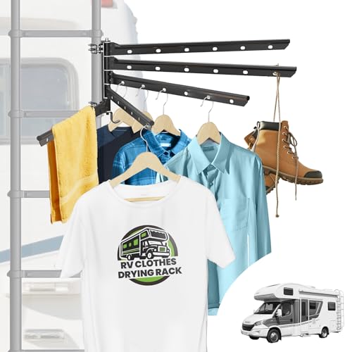 RV Clothes Drying Rack, 26.5-inch Width Ladder Mounted Clothes Drying Rack with 5 Swivel Arms, All Metal, Foldable Design, 90 LBS, RV Must Have for MotorHomes, Fifth Wheels, Trailers, Campers