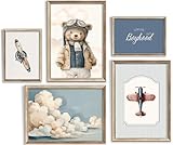 Vintage Baby Boy Nursery Wall Art Retro Airplane Travel Kids Room Canvas Wall Decor Teddy Bear...