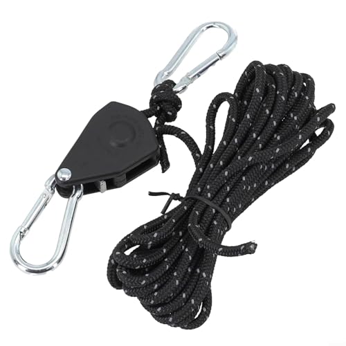 Jonikuper 4m Adjustable Nylon Lanyard with Stainless Steel Pulley Hook for Tent and Canopy Rope Hanging, Secure Non-Slip Fast Locking System with Carabiner for Camping, Hiking, Outdoor(Black)