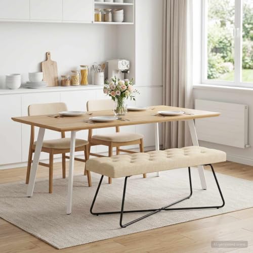 Banco rectangular para pasillo y dormitorio en tela crema acolchada 3
