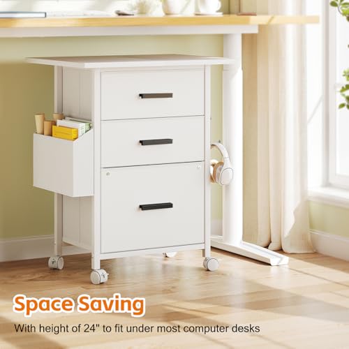 Rollcontainer, Aktenschrank, mit 3 Schubladen und Rollen, für Dokumente in DIN A4, Letter-Format, Druckerständer mit Einer Tischbreite von 56 cm, Industrie-Design, Weiß