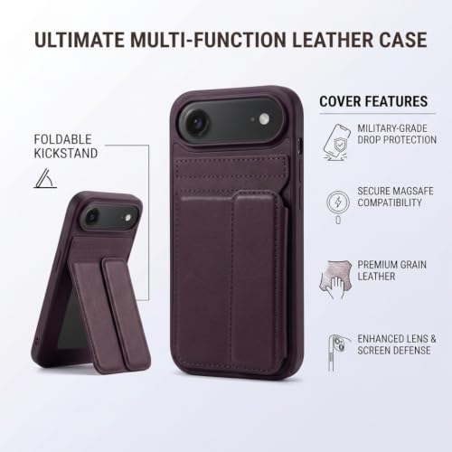 Image of amazon basics Luxury Vegan Leather Back Cover for iPhone 17 Air | Built-in Card Holder Slot | Integrated Mobile Stand | Slim Shockproof Protective Case with Stitched Finish - Purple