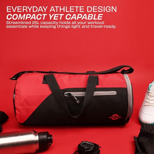 Image of Nivia Fuse Gym Duffle Bag for Men and Women, 25L Lightweight Training and Travel Bag with Shoe Compartment, Quick Access Pockets, and Adjustable Strap, Designed for Athletes, Travel (Black /Red)
