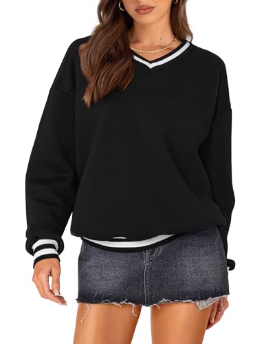 Prettygarden QL046 Women'S Oversized Sweatshirts Casual Long Sleeve Stripes Knit V Neck Pullover Top Fall Teens Preppy Clothes cover