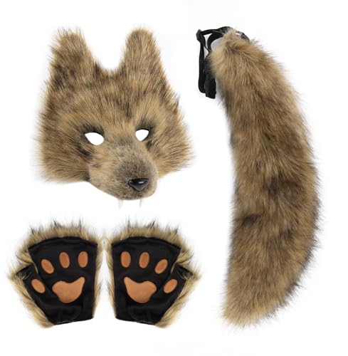 MANYU ZONES Werewolf Mask Gloves & Tail Set Realistic Wolf Mask,Furry Gloves &Tail,Complete Wolf Costume Cosplay Christmas