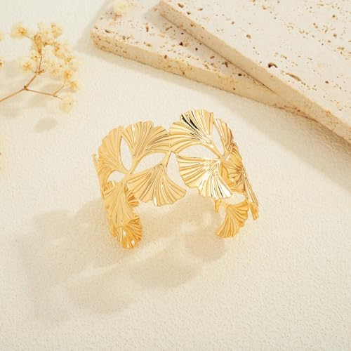 HUAYUNFANG Ginkgo Leaf Gold Cuff Bracelet for Women - Trendy Adjustable Boho Wide Bangle for Chic Style - Image 9