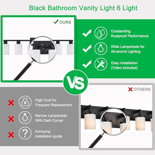 6-Light Bathroom Vanity Light Black, Matte Black Bathroom Light Fixture, Vanity Lights with Milky White Frosted Glass Shades, Wall Sconces Over Mirror for Makeup Living Room(Bulbs Not Included) by DIDUIO - Used condition - Image 5